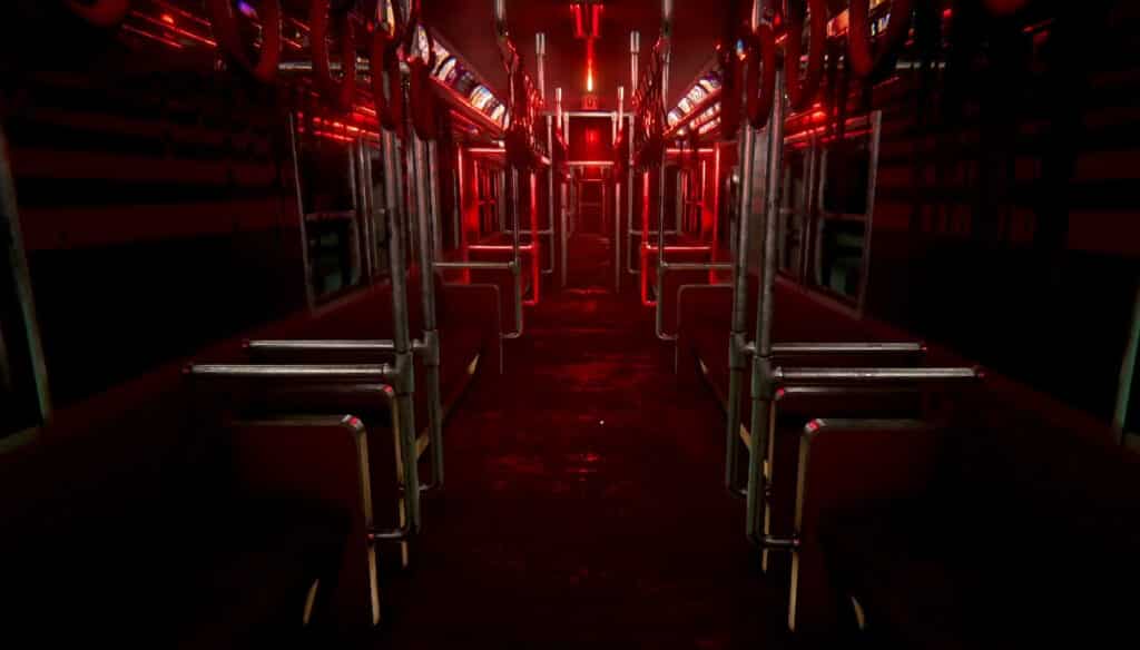 赤く染まった電車内の画像